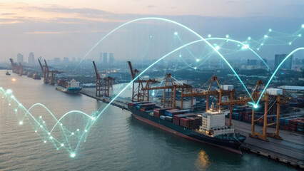 A futuristic depiction of tariffs using holographic trade graphs over a shipping port, visualizing fluctuating costs and economic restrictions in a digital finance landscape.