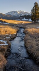 Mountain Stream Landscape: Colorado Rocky Mountains with Snow-Capped Peaks