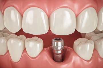 Dental implants displayed in a model of a human jaw demonstrating oral health and restoration procedures