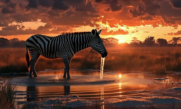 A zebra drinks from a waterhole at sunset, under a dramatic and fiery sky.
