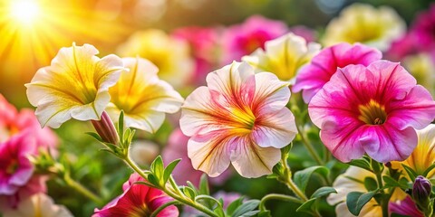 Fototapeta premium Vibrant Pink, White & Yellow Petunia Summer Bloom Close-Up