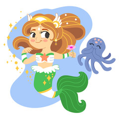 Cute cartoon mermaid character. Under the sea card. Simple and cute illustration isolated on a white background. Vector illustration. For cards, print, design, stickers, fabric and invitation