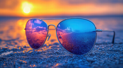 Sunglasses with mirrored lenses resting on sandy beach under bright sky near tropical palm trees during sunset