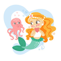 Cute cartoon mermaid character. Under the sea card. Simple and cute illustration isolated on a white background. Vector illustration. For cards, print, design, stickers, fabric and invitation