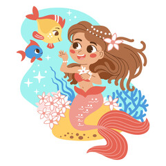 Cute cartoon mermaid character. Under the sea card. Simple and cute illustration isolated on a white background. Vector illustration. For cards, print, design, stickers, fabric and invitation