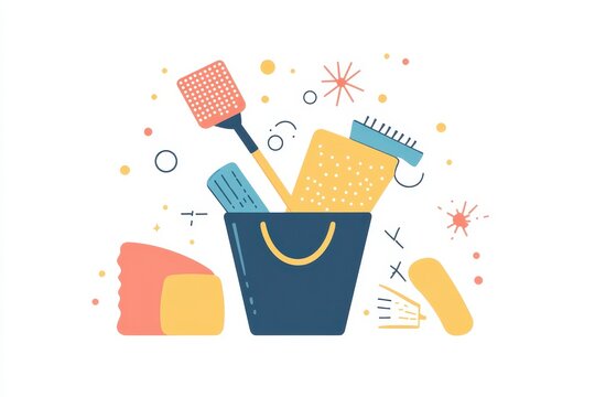 Playful Cleaning Supplies Illustration Colorful Brushes, Sponges, and a Fly Swatter in a Dark Blue Bucket