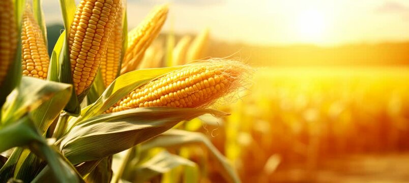 Corn cobs shaken by the wind with sunlight. Generative video AI technology.
