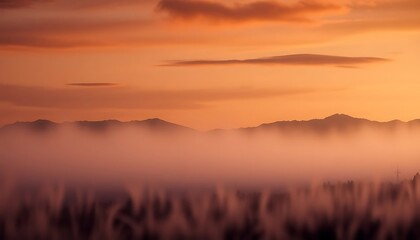 Dreamy Orange Sunset Over Mountain Range with Mystical Fog Rolling Through Trees