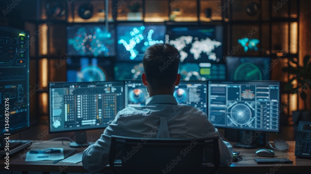 Poster cybersecurity analyst monitors systems and threats from multiple screens in a secure command center