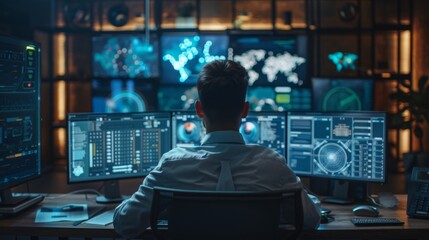 Cybersecurity analyst monitors systems and threats from multiple screens in a secure command center