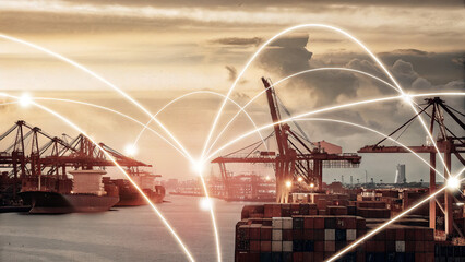 A futuristic depiction of tariffs using holographic trade graphs over a shipping port, visualizing fluctuating costs and economic restrictions in a digital finance landscape.