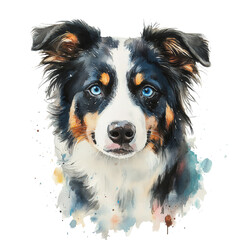 Fototapeta premium watercolor Australian shepherd with blue eyes on a isolated background, dog illustration, black tri color, transparent png