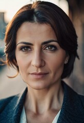 This striking Armenian woman gazes directly at the viewer, her expression a blend of strength and tranquility, as warm afternoon sunlight bathes the city backdrop Generative AI