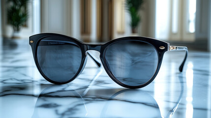 Stylish black sunglasses rest on a smooth white marble surface, showcasing their sleek design and versatile appeal in a modern setting