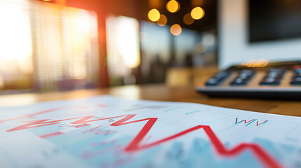 red financial chart reaching ceiling limit with blurred office documents and calculators, symbolizing salary cap and budget restrictions under natural light, shallow depth for economic policy barriers