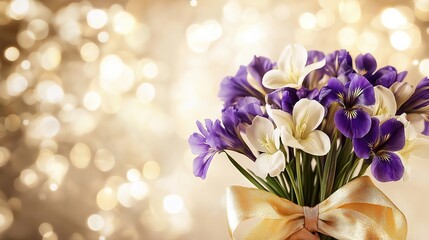 A vibrant bouquet of purple and white flowers with an elegant silk ribbon, celebrating the strength and beauty of women.