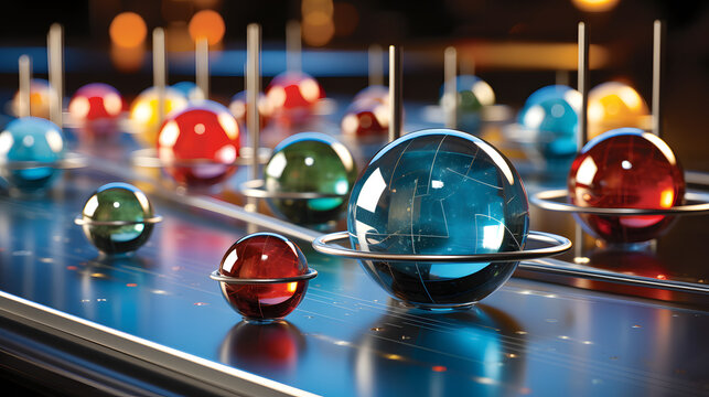Table displaying a bunch of glass balls imagining an artistic representation of particles in a quantum gravity context with reflections.
