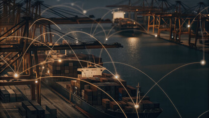 A futuristic depiction of tariffs using holographic trade graphs over a shipping port, visualizing fluctuating costs and economic restrictions in a digital finance landscape.