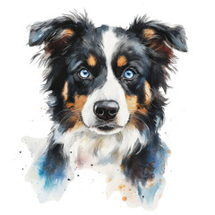 Fototapeta premium watercolor Australian shepherd with blue eyes on a isolated background, dog illustration, black tri color, transparent png