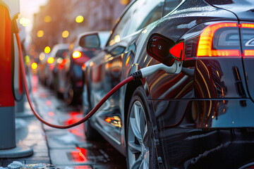 Fototapeta premium Power source for charging battery of beautiful hybrid electric car on road, abstract vivid composition consists of fictional unreal fantastic vision on background