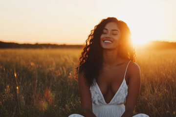 Obraz premium Beautiful woman smiling in a field at sunset, enjoying golden hour light