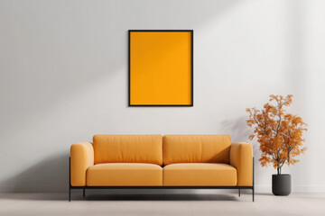 Modern interior design with orange sofa and bird artwork