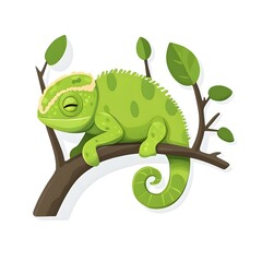 Fototapeta premium Chameleon on Branch: A charming chameleon, with its vibrant green skin, rests peacefully on a tree branch, surrounded by lush leaves, depicting a serene moment in the wild.