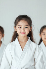 Fototapeta premium Portrait of smiling asian girl wearing martial arts uniform with other children in background