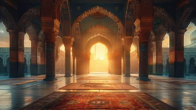 A large, empty room with a red carpet and a sun shining through a window
