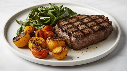 A perfectly grilled steak with a side of roasted vegetables on a white plate