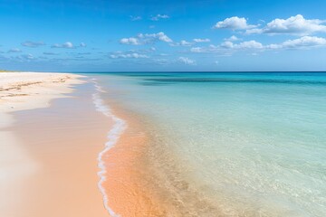 Serene Shoreline Tranquil Turquoise Waters Meet Sandy Beach Under a Brilliant Blue Sky