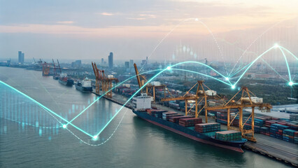 A futuristic depiction of tariffs using holographic trade graphs over a shipping port, visualizing fluctuating costs and economic restrictions in a digital finance landscape.