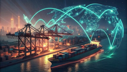 A futuristic depiction of tariffs using holographic trade graphs over a shipping port, visualizing fluctuating costs and economic restrictions in a digital finance landscape.