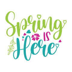 Spring is Here Typography Illustration Design with Hearts, Pink Flowers, and Green Leaves