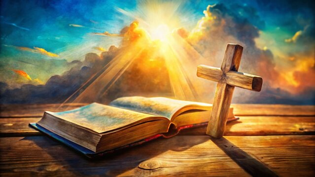 Vibrant Watercolor Painting of Cross on Open Bible: Faith, Hope, Spirituality