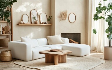 A modern living room features comfortable furniture and plants for comfort
