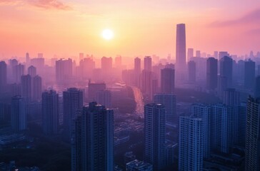 Fototapeta premium Dawn breaks over a bustling Chinese metropolis,