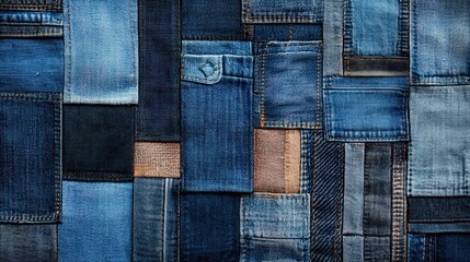 A vibrant collage of denim fabric pieces showcasing various blue shades and textures, highlighting the versatility of this classic material, Denim Texture woven seamless.