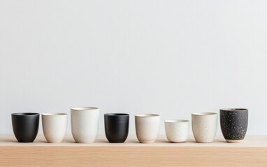 Nine unique ceramic cups in varying shapes, sizes, and colors, including speckled off-white, matte black, and perforated black, are displayed on a light wooden shelf against a textured off-white