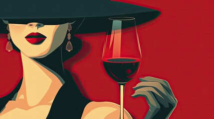 Vector poster of a woman wearing a hat and holding a glass of red wine