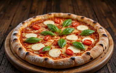 Authentic Margherita Pizza with Fresh Basil and Cherry Tomatoes Close-up