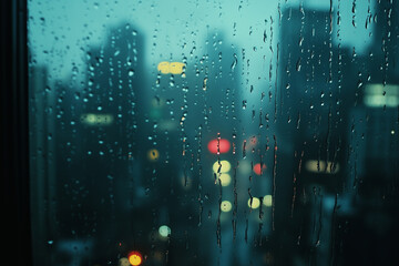 Obraz premium Rainy cityscape through a wet window with raindrops and blurred lights creating a moody urban atmosphere