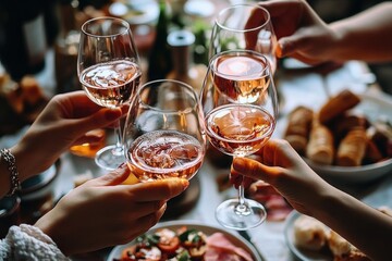 Friends Toasting with Rosé Wine at Rustic Dinner Table in Cozy Kitchen