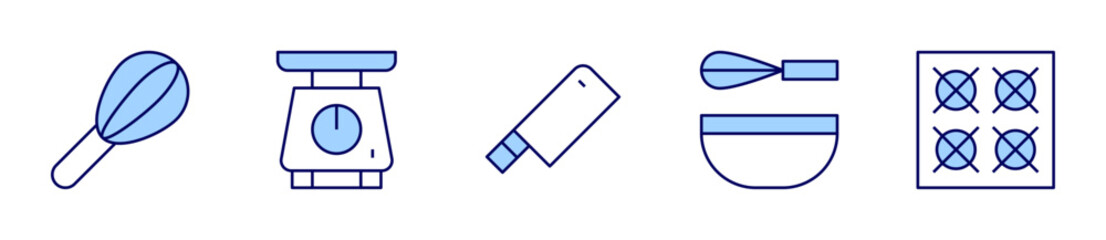 cooking, kitchen scale, knife, cooking tools, gas stove. Utensil Icon vector illustration. Line Duotone style. Editable stroke