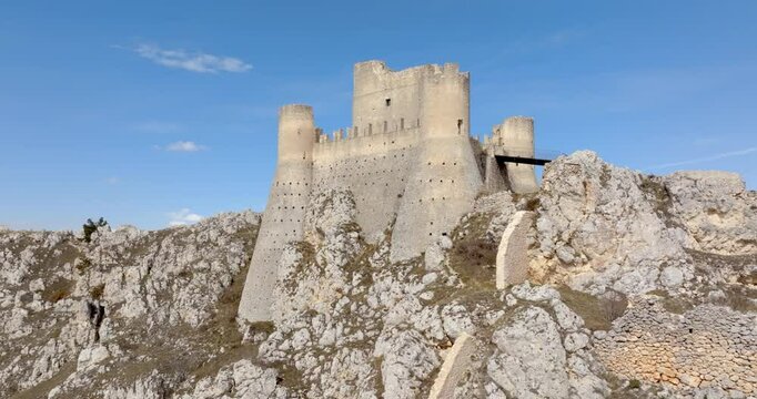 Aerial view of the castle of Rocca Calascio, a fortress located in Italy, in the municipality of Calascio. The castle, of which there are some archaeological remains, is one of the symbols of Abruzzo.