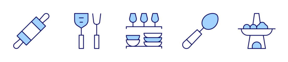 kitchen cabinet, spoon, pot, dough, cooking utensils. Utensil Icon vector illustration. Line Duotone style. Editable stroke