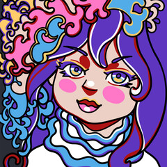 Young woman portrait surrounded by swirling decorative floral elements