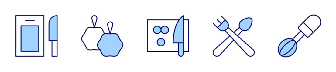 loofah, cutting board, whisk, cutlery. Utensil Icon vector illustration. Line Duotone style. Editable stroke