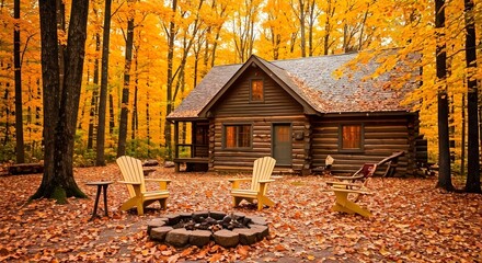 A cozy autumn scene with a log cabin surrounded by trees with golden leaves and a fire pit in front, Ai Generated