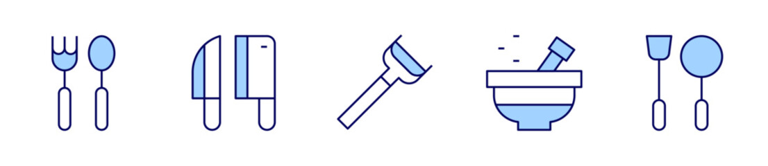 peeler, mortar, cutlery, knives, utensil. Utensil Icon vector illustration. Line Duotone style. Editable stroke